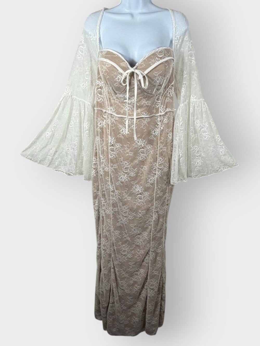 Fashion Nova Fiona Lace Maxi Dress 1X Nude Lined Bustier Bell Sleeve Birthday